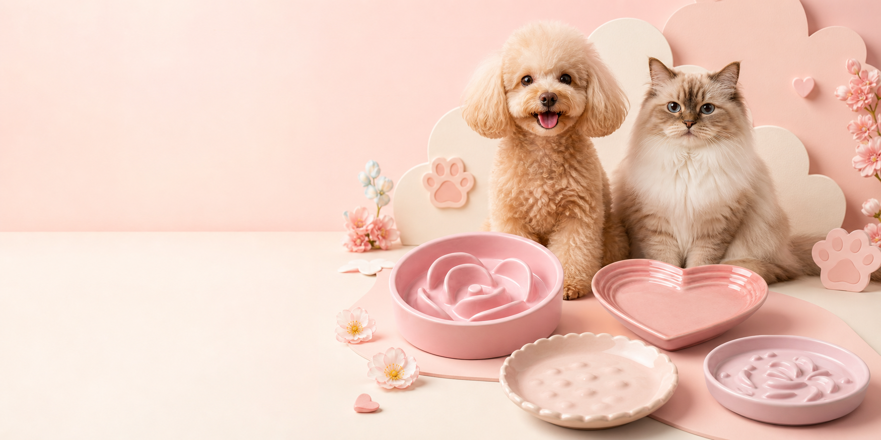 A happy small dog and fluffy cat with the store's pastel ceramic slow feeders and pet plates